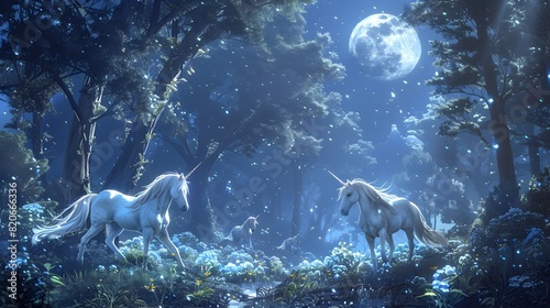 Enchanting Unicorns Prancing in Mystical Moonlit Forest with Dramatic Tilted Blueprint Background © TEERAWAT