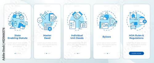 Household regulation law blue onboarding mobile app screen. Walkthrough 5 steps editable graphic instructions with linear concepts. UI, UX, GUI template. Montserrat SemiBold, Regular fonts used photo