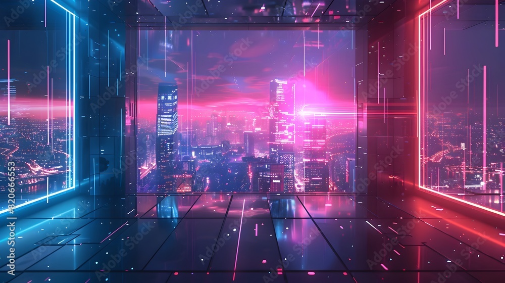 Fototapeta premium Futuristic Holographic Skyline with Neon Cityscape Silhouette for Tech Conference Poster