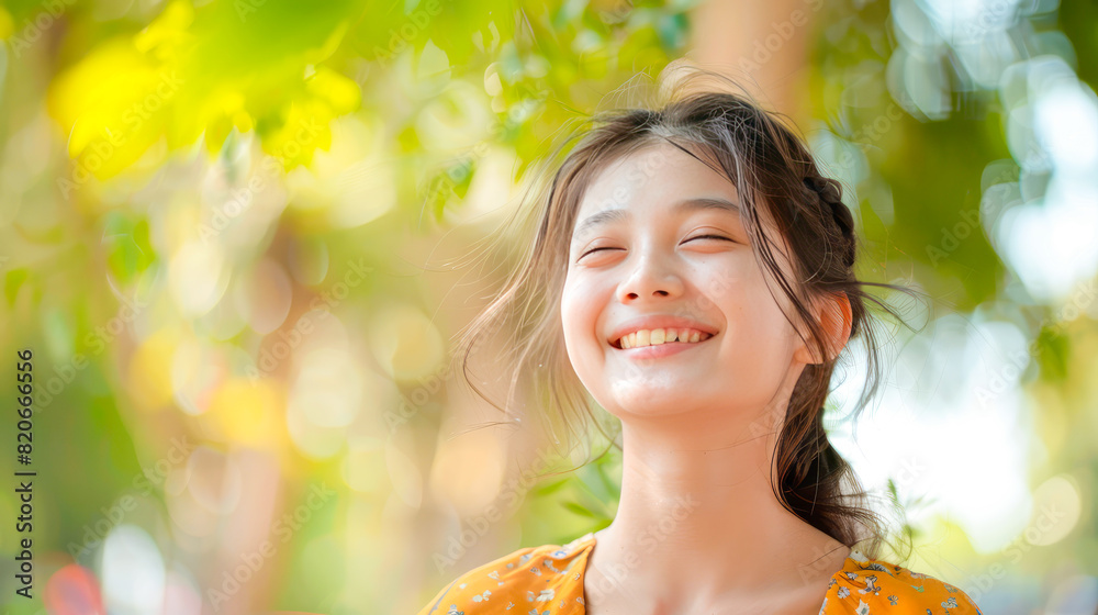 Fototapeta premium Woman smiling with perfect smile and white teeth in a park .Generative AI