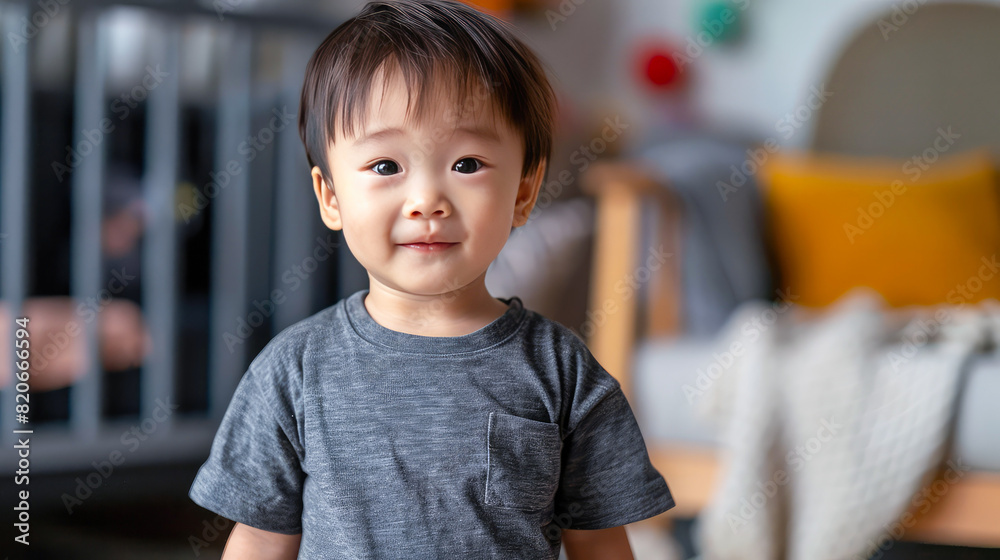 portrait of a boy of asian origin, smiling, cute child, indoors, in a house, bright sunny day, blurred background.Generative AI portrait of a boy of asian origin, smiling, cute child, indoors, in a house, bright sunny day, blurred background.Generative AI