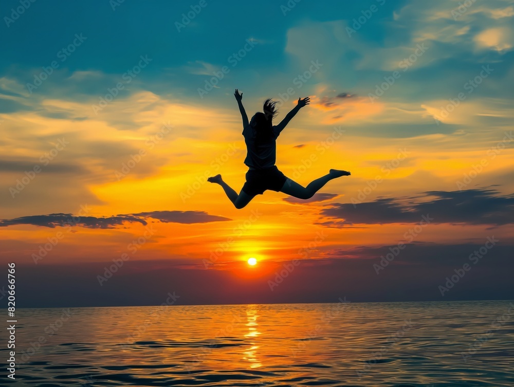 Silhouette of a person leaping joyfully against a vibrant sunset sky over the ocean, symbolizing freedom and happiness.