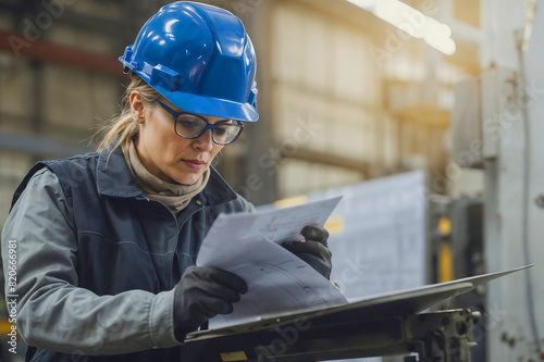 European woman metalworker in factory wearing a blue helmet and safety glasses is reading a piece instructions on blueprint