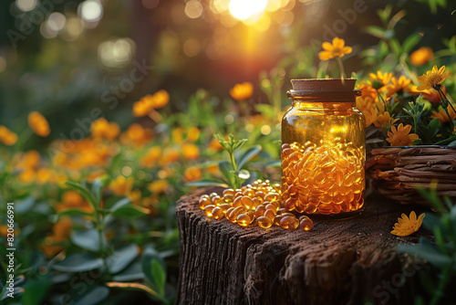 An image of a glass jar filled with vitamins against a background of wildflowers. Blurred background. Suitable for advertising campaigns related to natural products, healthy lifestyles and development photo
