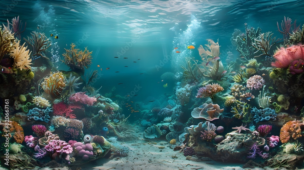 Fototapeta premium Enchanting Underwater Panorama of Vibrant Coral Reefs and Diverse Marine Life in a Vast Oceanic Wilderness