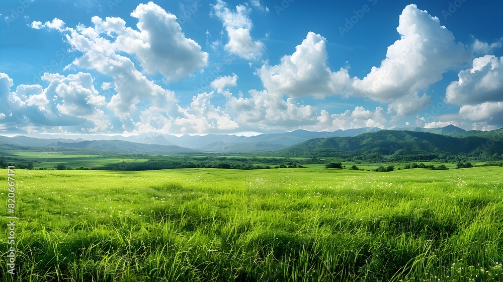 Fototapeta premium Mesmerizing Panoramic View of Serene Countryside with Lush Green Meadows and Distant Mountains under Clear Blue Sky