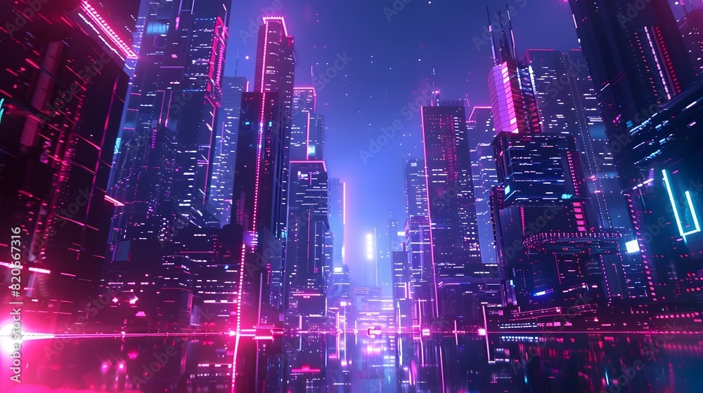Futuristic Cityscape with Sleek Metallic Architecture and Neon Holographic Accents