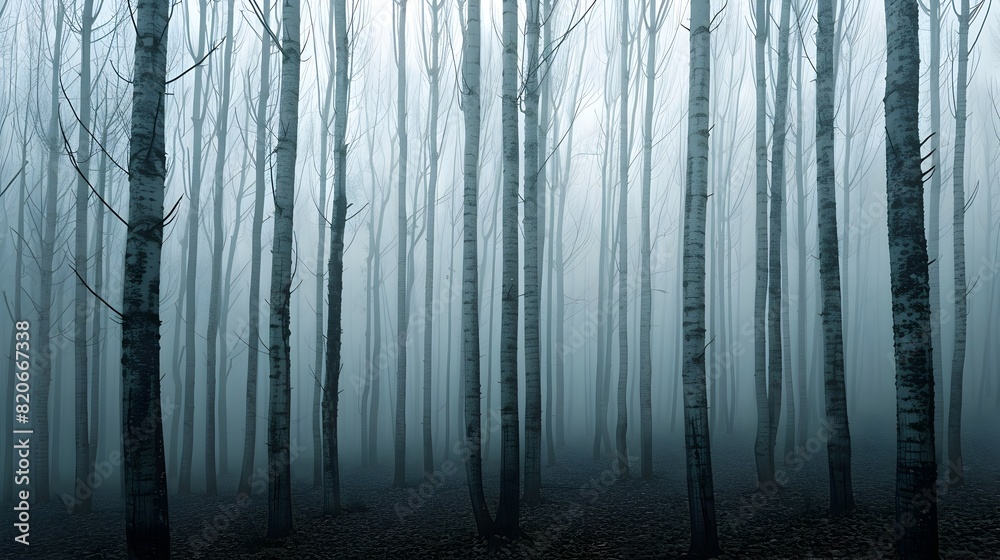 Tall,Slender Fog-Shrouded Trees Stretching into the Misty Horizon Tall,Slender Fog-Shrouded Trees Stretching into the Misty Horizon