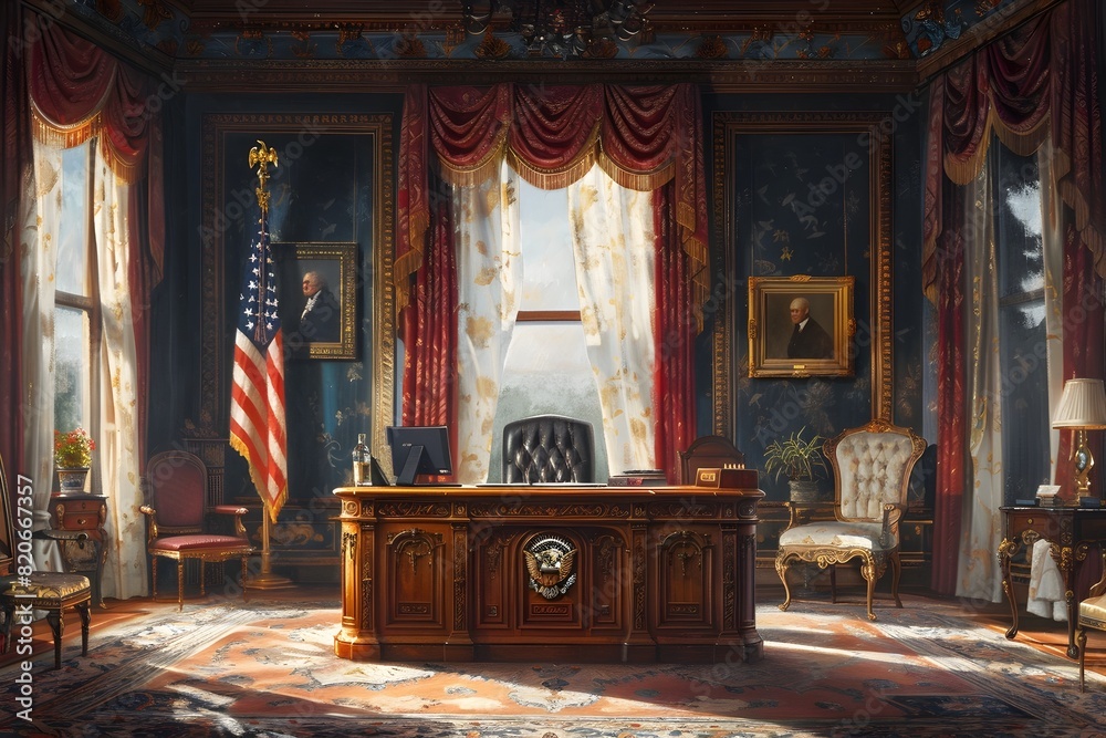Naklejka premium Elegant and Prestigious Presidential Debate Backdrop with Intricate Architectural Elements and Ornate