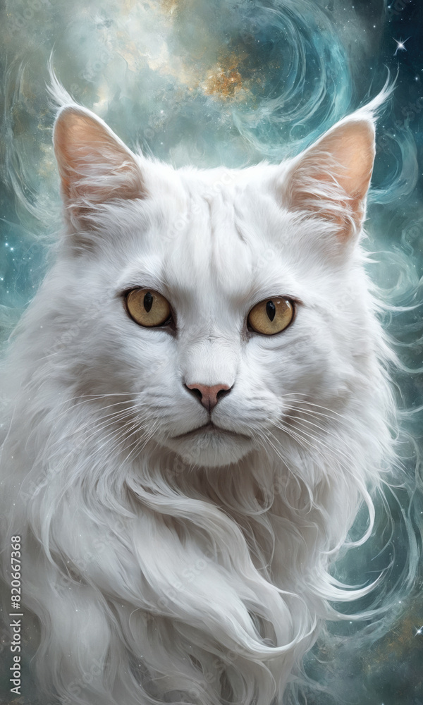 Fantasy Illustration of a cat. Digital art style wallpaper background.