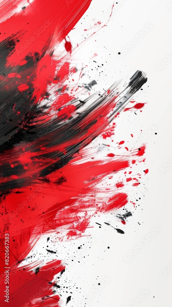 Red and black paint splattered on a white canvas in a wild, unpredictable pattern Red and black paint splattered on a white canvas in a wild, unpredictable pattern