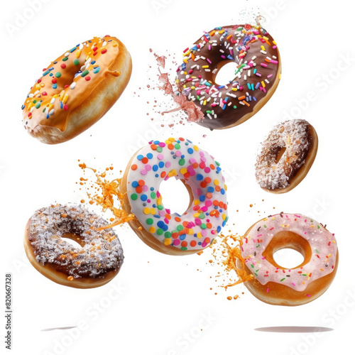 A delicious chocolate glazed donut with pink icing and colorful sprinkles, isolated on a white background photo