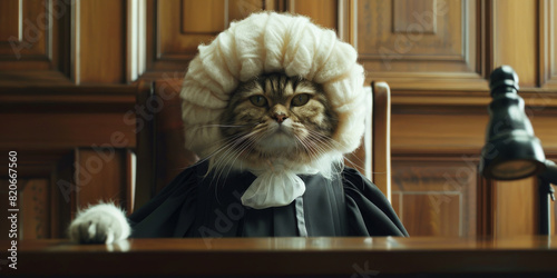 Dignified Cat Judge in Robe and Wig in Courtroom