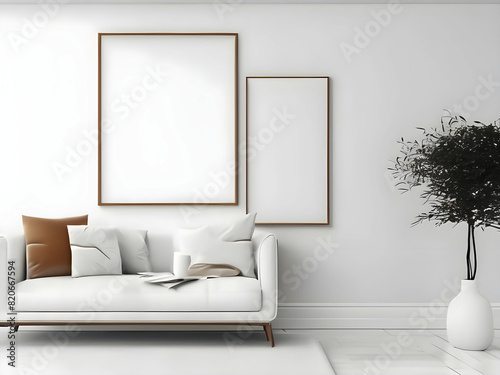 Mockup poster frame on the wall. Scandinavian living room with a big template of a picture on the wall would feature a clean  simple design with natural materials and neutral colors. 3d rendering.