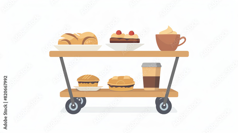 Coffee and pastry trolley flat design, side view, modern theme, animation, triadic color scheme Coffee and pastry trolley flat design, side view, modern theme, animation, triadic color scheme