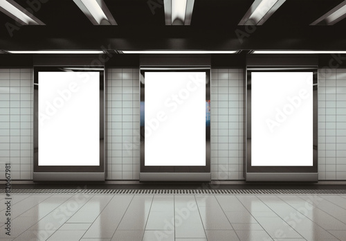 Obraz na płótnie Billboards on underground wall Mockup. Vertical hoardings template in subway station. Generative Ai w salonie
