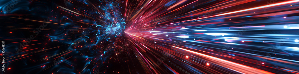 Explosive Digital Art Piece with Vibrant Red and Blue Light Rays Explosive Digital Art Piece with Vibrant Red and Blue Light Rays