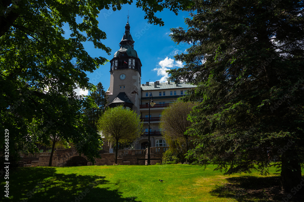 Naklejka premium Swieradow Zdroj, Poland 05 14 2024: Old spa house in Swieradow Zdroj, Poland