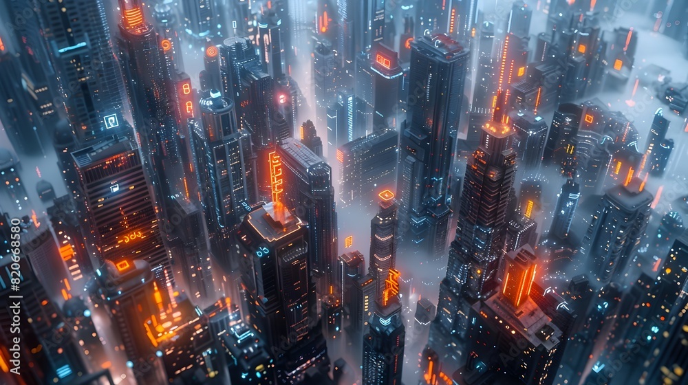 Futuristic Cityscape of a Vibrant Metropolis with Towering Skyscrapers and Glowing Lights at Night