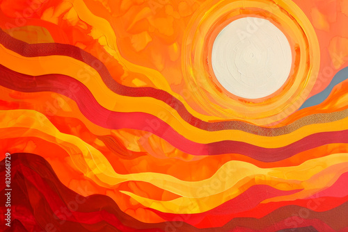 An abstract painting of a radiant sun with warm orange and red hues flowing in wavy lines across the canvas with sun in the center