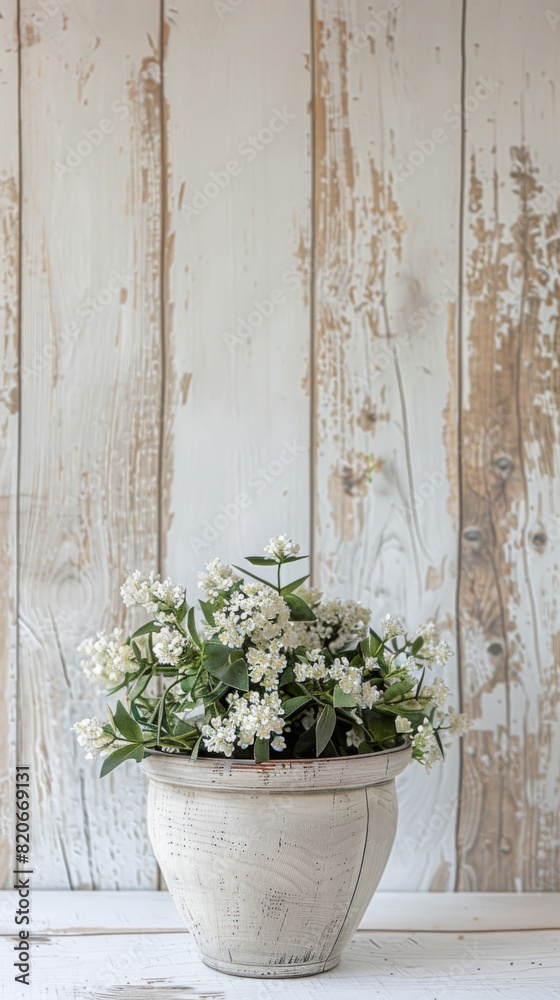 Delicate white flower pot adorns rustic table in soft light Delicate white flower pot adorns rustic table in soft light