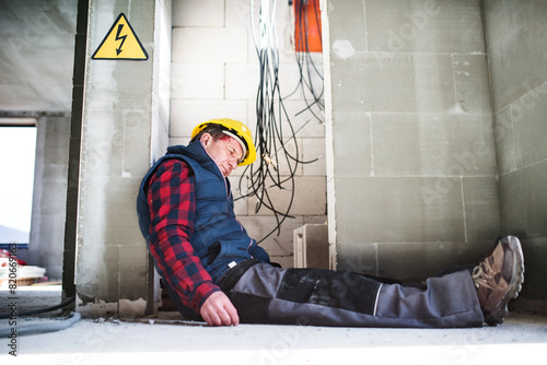 Electrocution hazard. Worker is injured on job site, electrical accident causing severe burns, cardiac arrest.