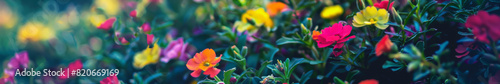 Dense cluster of multicolored Portulaca flowers in vibrant bloom photo