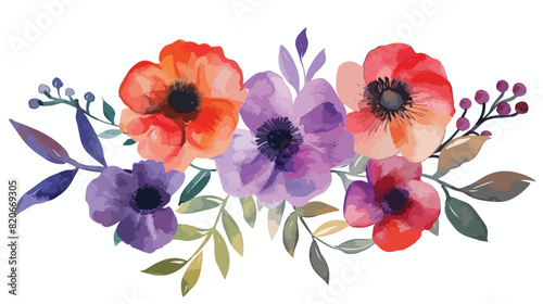 Watercolor floral bouquet purple red pink coral flowe