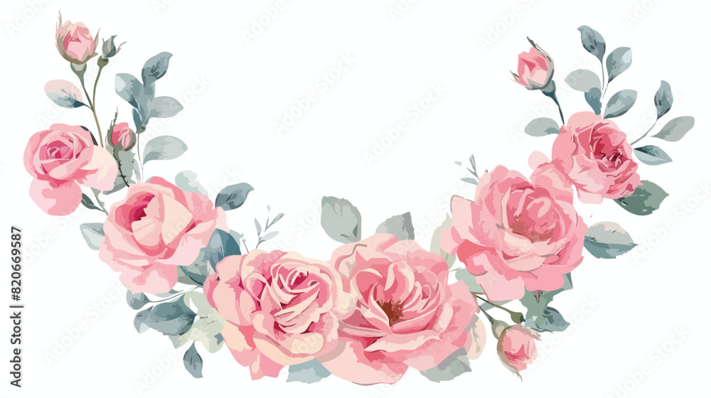 Beautiful pink rose flower wreath with watercolor