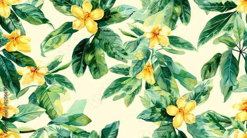 Botanical watercolor print of a repeated pattern featuring an exotic yellow evergreen Walisongo plant with variegated leaves and vibrant flowers. photo