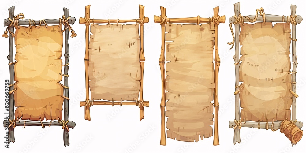 Naklejka premium Create a cartoon-style game board with bamboo frames, adorned with aged parchment paper and rope, on a white background.