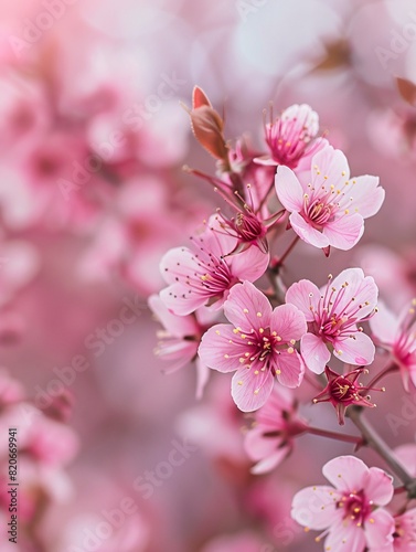Blurred, rosy cherry blossoms on a nature backdrop. Flowering fruit trees in a farm setting. Floral sign for farming or gardening industry.