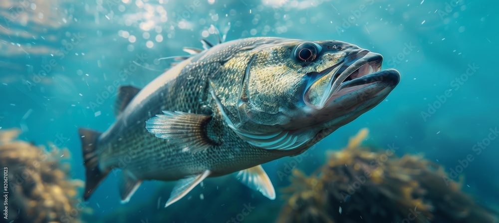 Fototapeta premium Huge bass emerges at sunrise from serene waters by tranquil woodland edge under golden sky