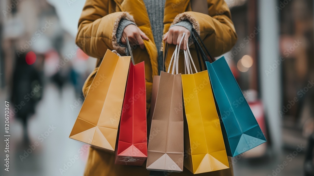 A person in a yellow coat is captured in a bustling winter street, carrying colorful shopping bags, reflecting the vivid essence of city shopping during the festive holiday season