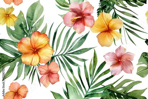A tropical flower pattern with yellow and pink flowers and green leaves. The flowers are in various sizes and are scattered throughout the pattern. Scene is bright and cheerful