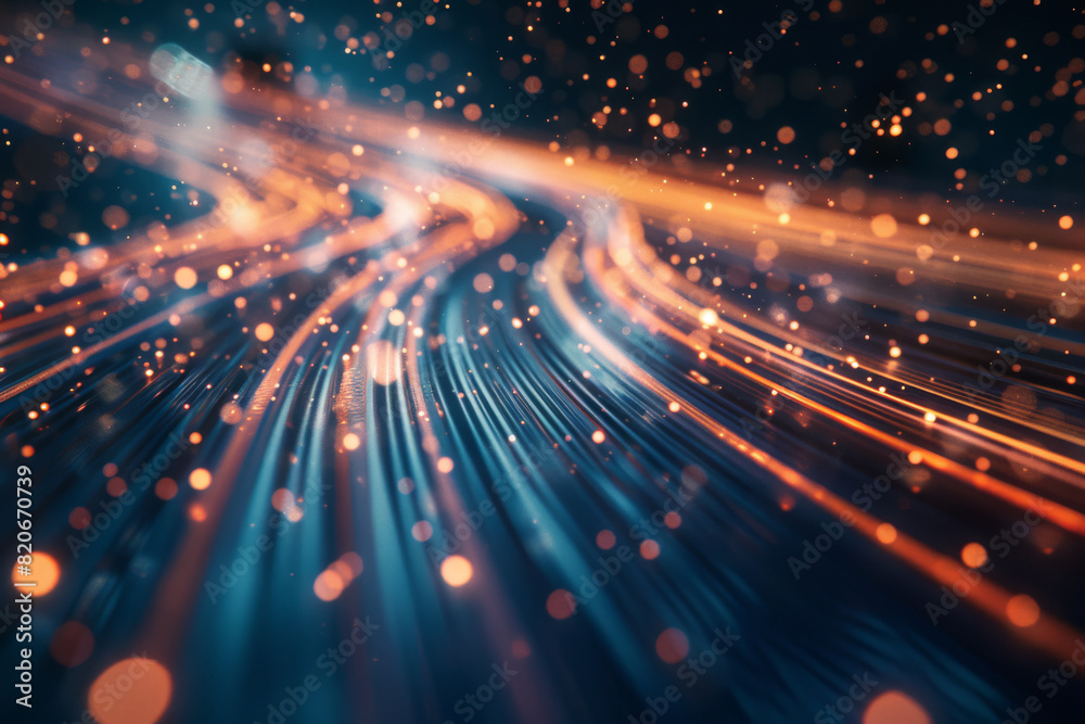 A blurry image of a line of lights with orange and blue streaks A blurry image of a line of lights with orange and blue streaks