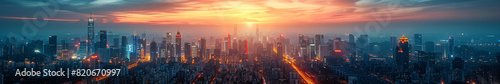 A city skyline at sunset with a bright orange sun in the sky photo