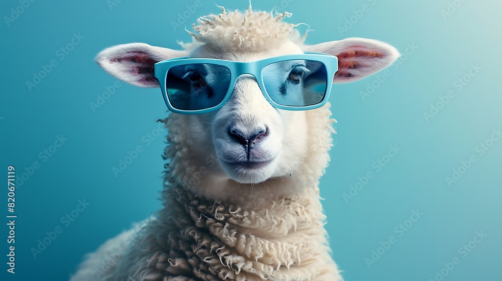 Obraz premium Funny white sheep wearing blue sunglasses on blue background