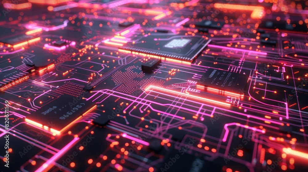 High tech electronic PCB (Printed circuit board) with processor, microchips and glowing digital electronic signals AI generated High tech electronic PCB (Printed circuit board) with processor, microchips and glowing digital electronic signals AI generated