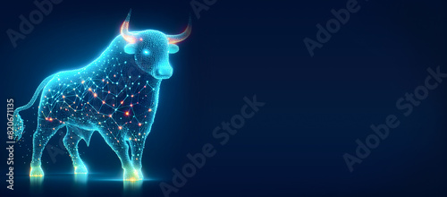 Abstract technology Bull represents aggressive financial, bull charging and taking the stock to new all time highs, Green rising charts Stock market trading Up trend of graph rising price, copy space