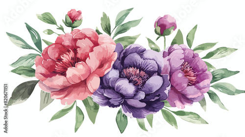 Watercolor floral peony bouquet purple red pink coral