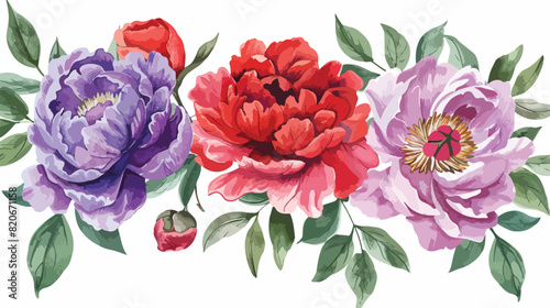 Watercolor floral peony bouquet purple red pink coral © Bill