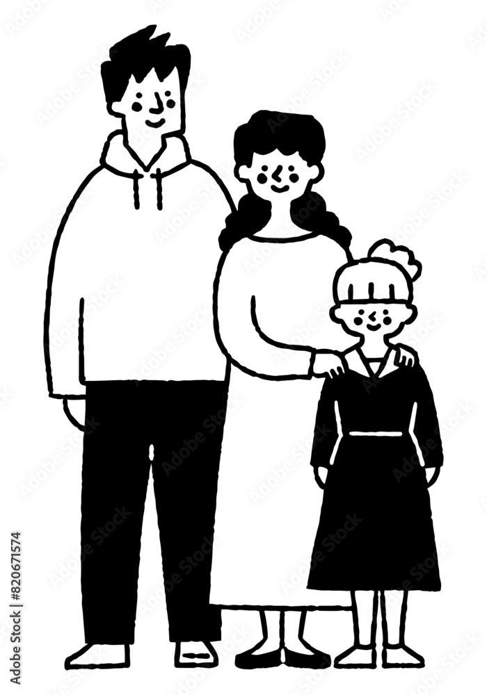 Family of three, mother and father with hand on daughter's shoulder_2 Family of three, mother and father with hand on daughter's shoulder_2