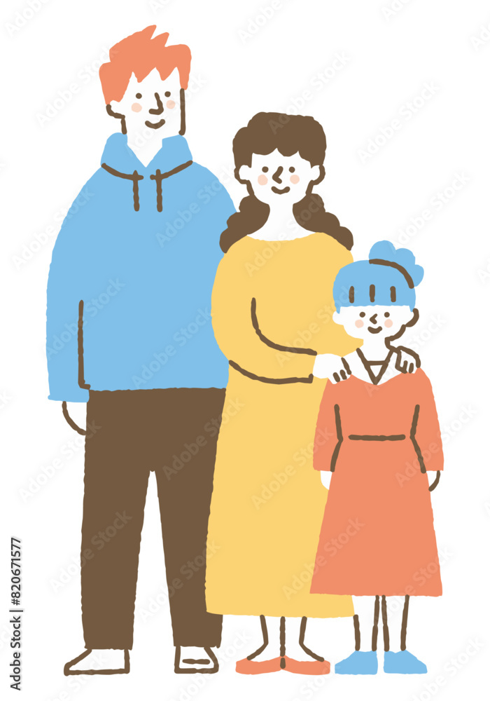 Family of three, mother and father with hand on daughter's shoulder_Color Family of three, mother and father with hand on daughter's shoulder_Color