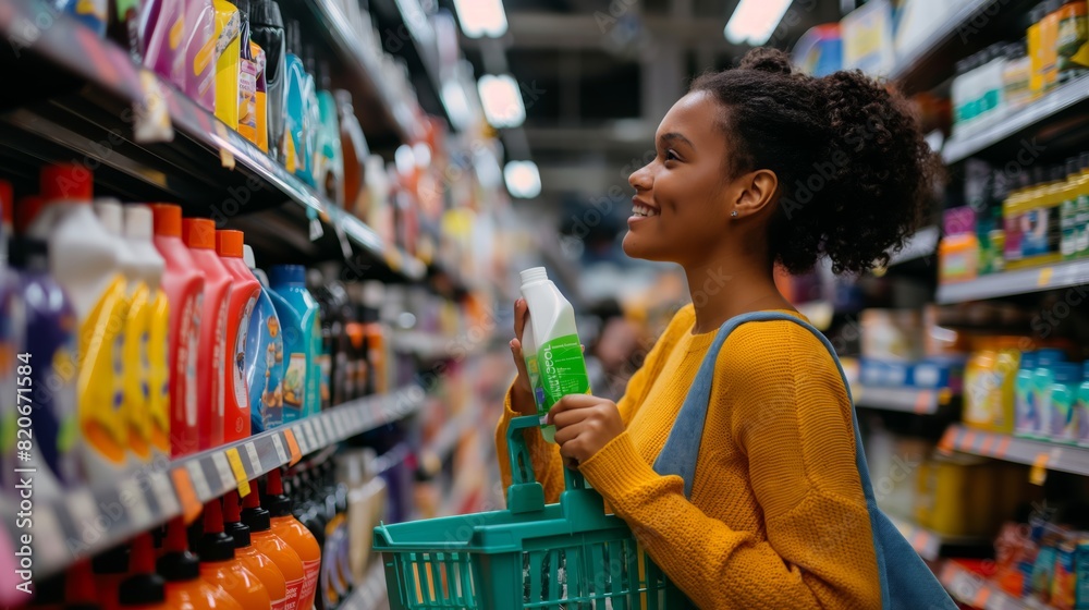 A young woman is happily shopping for laundry detergent in a supermarket aisle. She smiles while picking out the cleaning product, surrounded by shelves stocked with household items