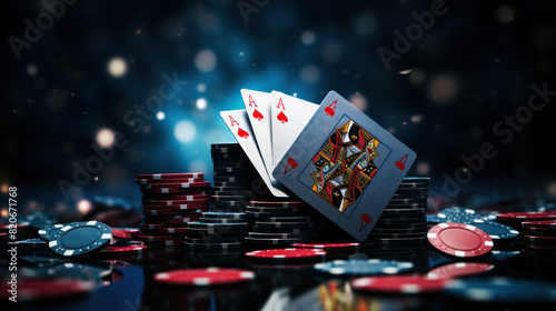 Casino game poker gambling stack of chips on luxury background. Elegant style banner for online casinos and mobile gambling applications, poker - winner, wealth concept. Generative AI © goku4501