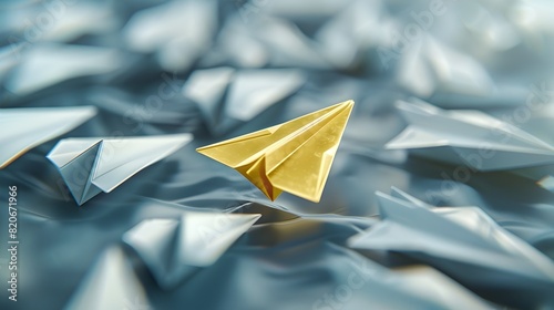 A lone golden paper plane soars among a squadron of silver ones symbolizing innovation and the courage to challenge norms generative ai photo