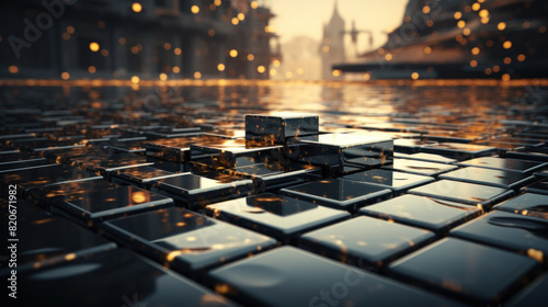 Abstract modern geometric shapes figures background with black and gold cobblestones with reflection. Showcase with empty platforms for product displaying or advertising. Generative AI