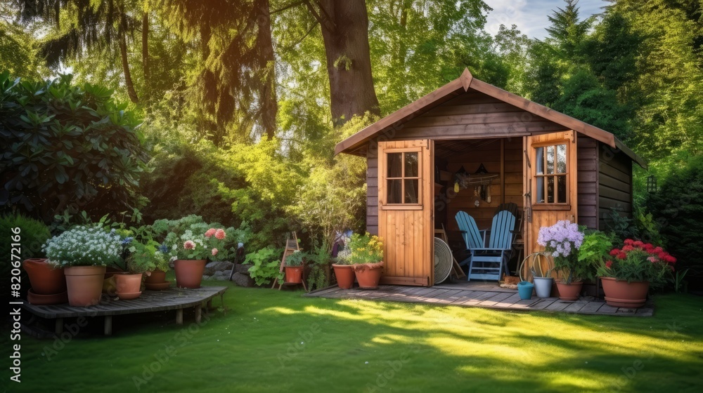 A small beautiful wooden hut for storing garden tools in the backyard.