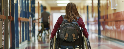 Teenage Girl in Wheelchair Navigating a School Hallway with Confidence